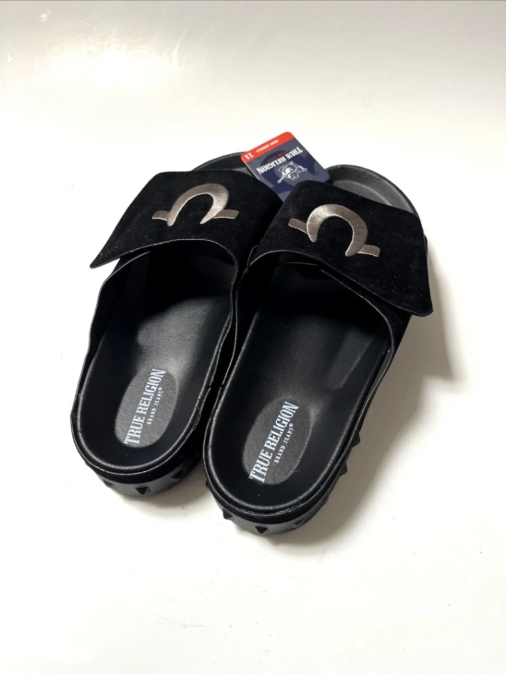 True Religion Biggy Slide Sandals Black Hook Loop Strap Men’s Size 11 NWOB